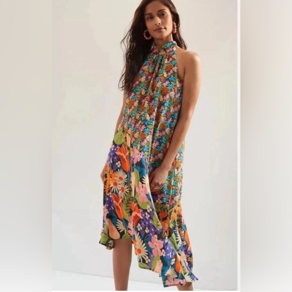 Anthropologie Multicolor Silk Halter Midi Floral Printed Dress Size XS NWOT